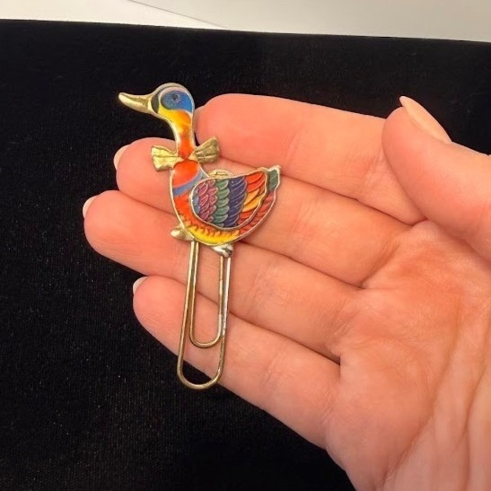 Vintage Cloisonne Enamel Duck Bookmark Multi Color Gold Tone Paper Clip